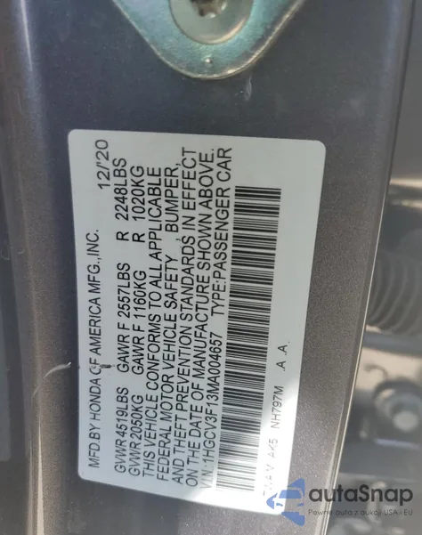 2021 Honda Accord Hybrid из США, поврежденный, VIN 1HGCV3F13MA004657